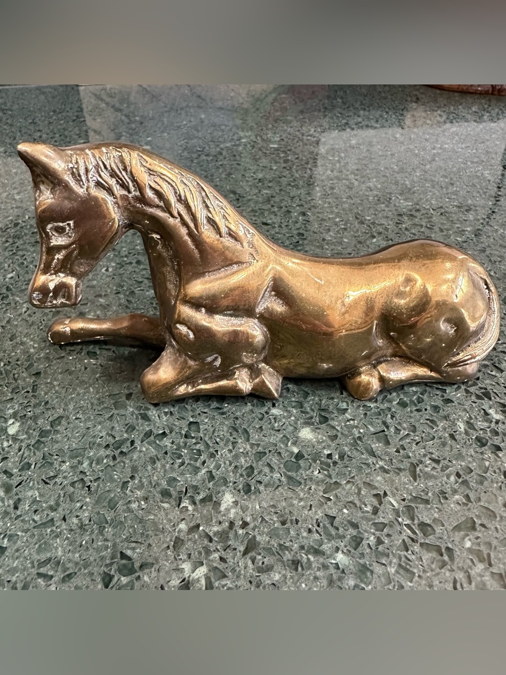 Vintage Brass Reclining Horse Statue Paperweight Mid Century Equestrian Decor